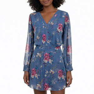 NWT WHBM Floral Blue Pink Sheer Long Sleeve Pintuck Waist Mini Dress Size 2